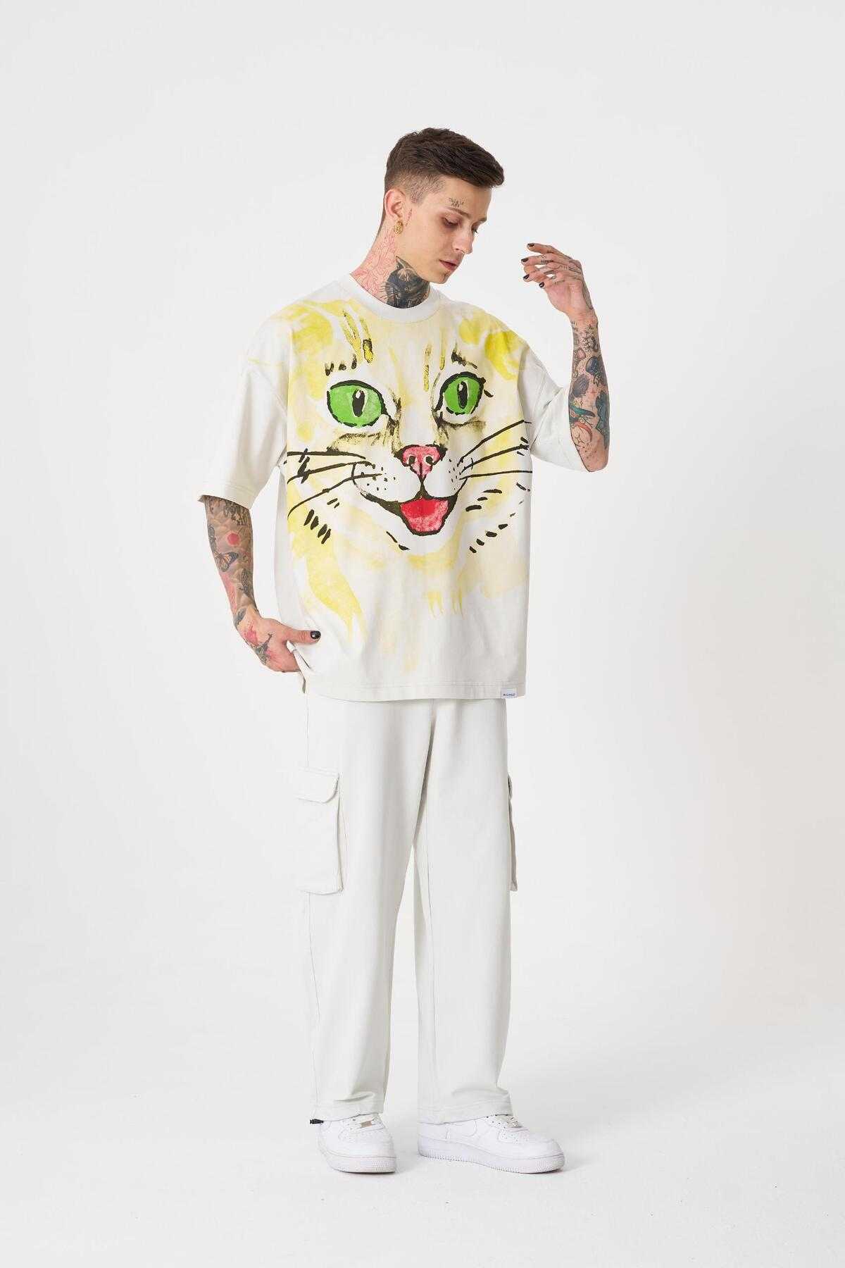 تیشرت مردانه گربه فراری با چاپ سایز بزرگ سبز روشن