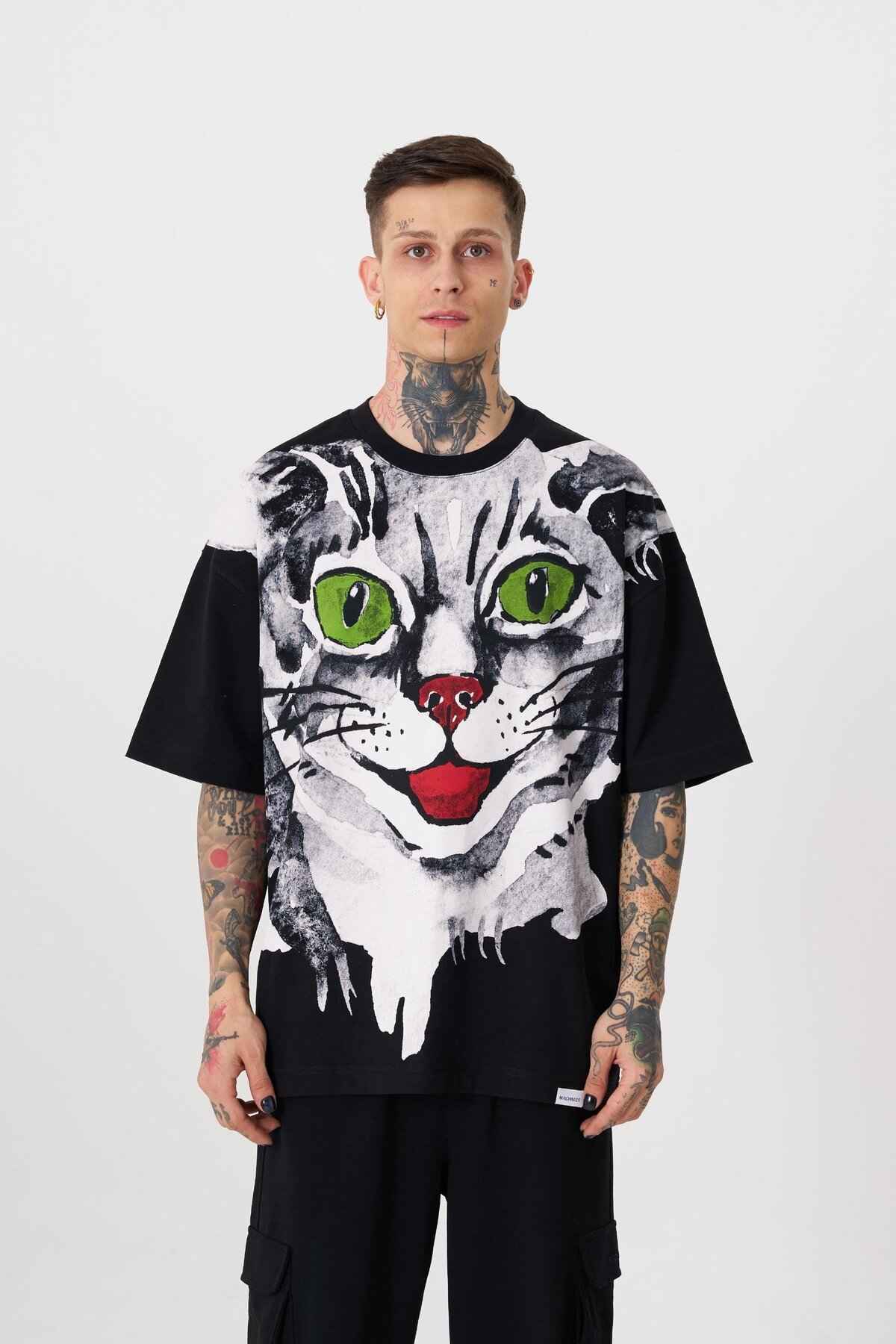 تیشرت مردانه گربه فراری با چاپ سایز بزرگ سبز روشن