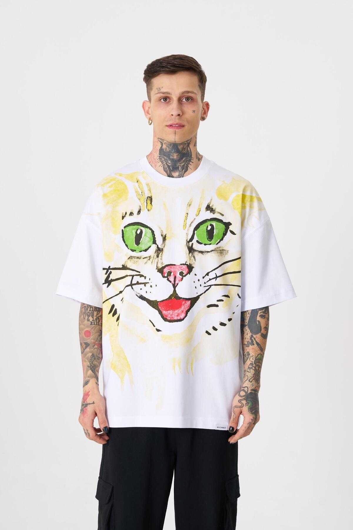 تیشرت مردانه گربه فراری با چاپ سایز بزرگ سبز روشن