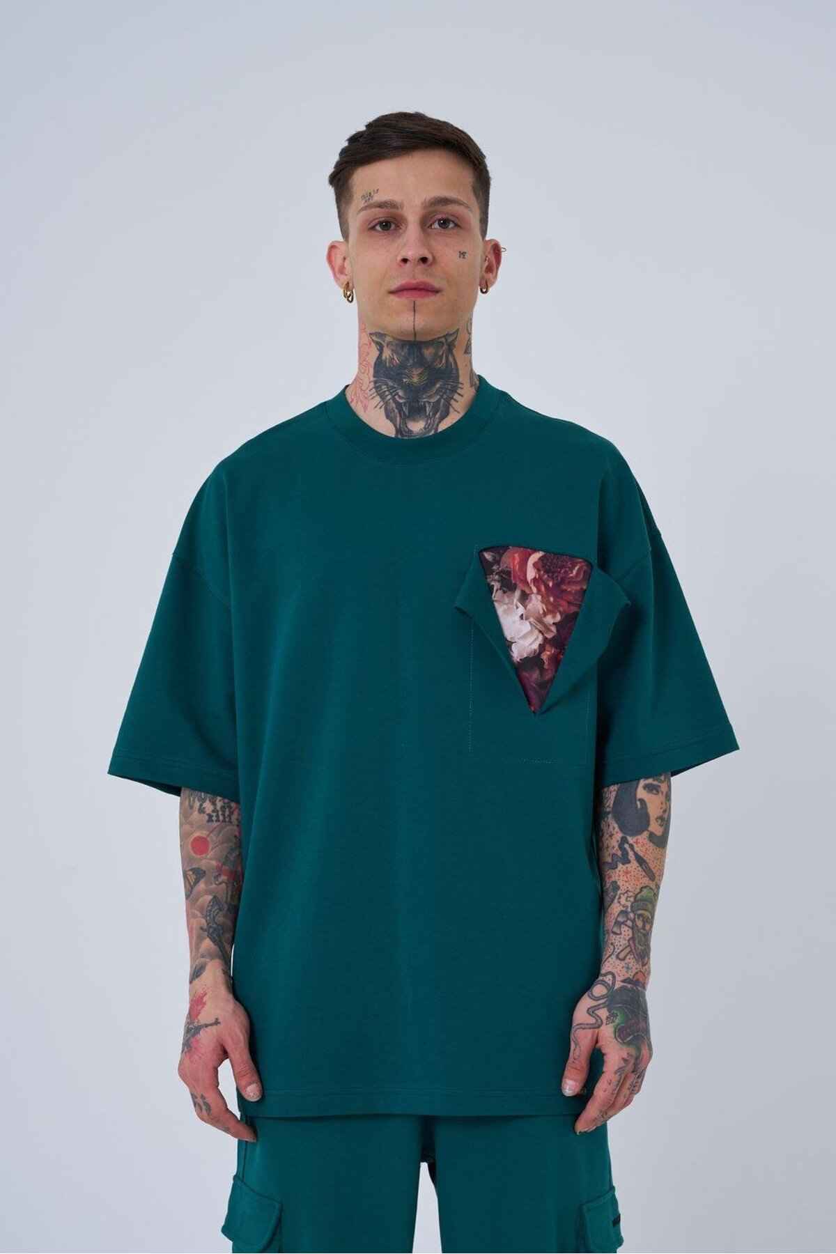 تیشرت اکرو سایز چاپی پچ گل مردانه