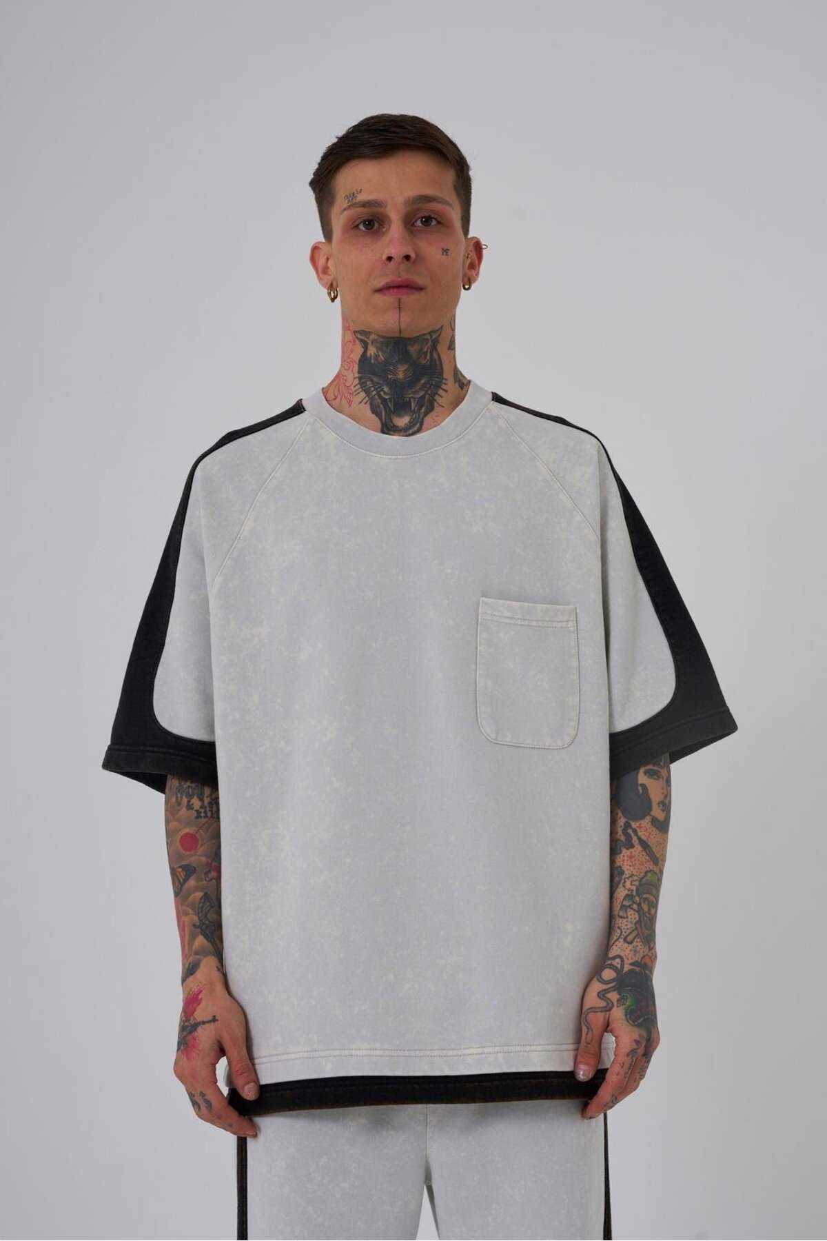 تیشرت مردانه خالدار خاکستری با کنتراست شسته شده