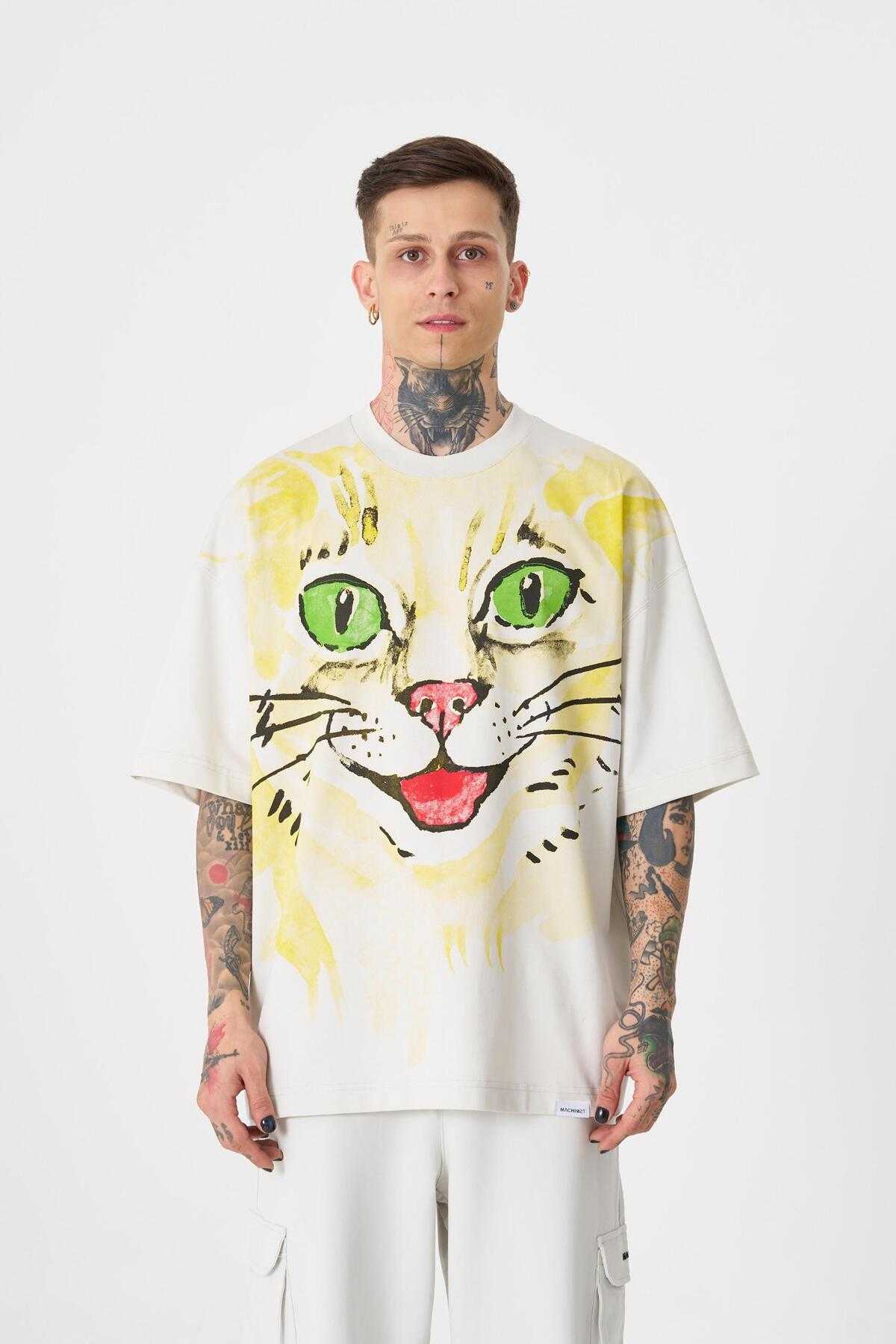 تیشرت مردانه گربه فراری با چاپ سایز بزرگ سبز روشن