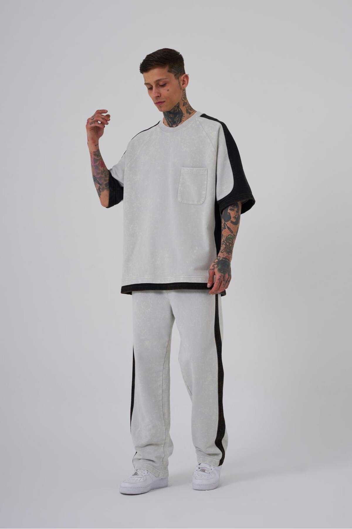 تیشرت مردانه خالدار خاکستری با کنتراست شسته شده