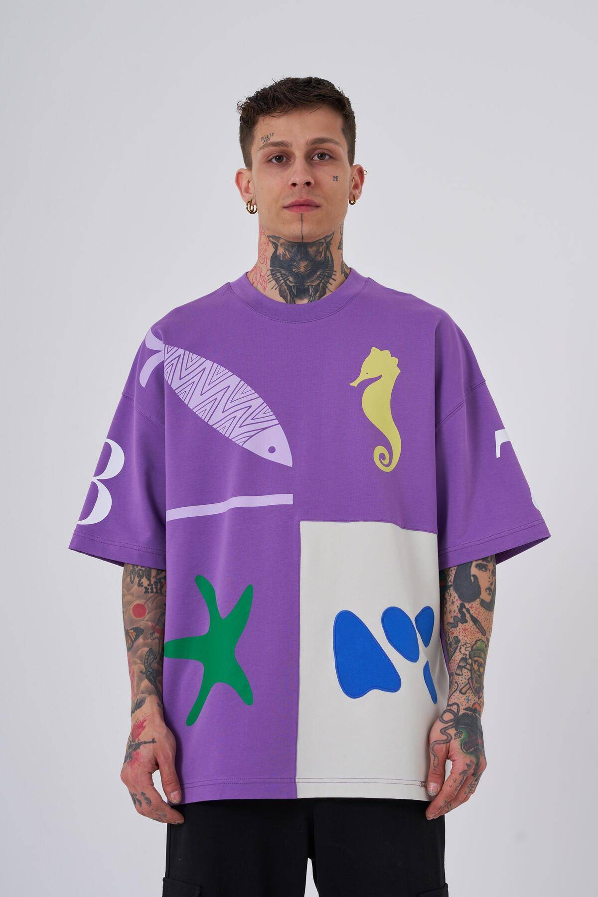 تیشرت مردانه 87 صدف دریایی چاپ شده در سایز بزرگ اکرو سافت آبی تیشرت