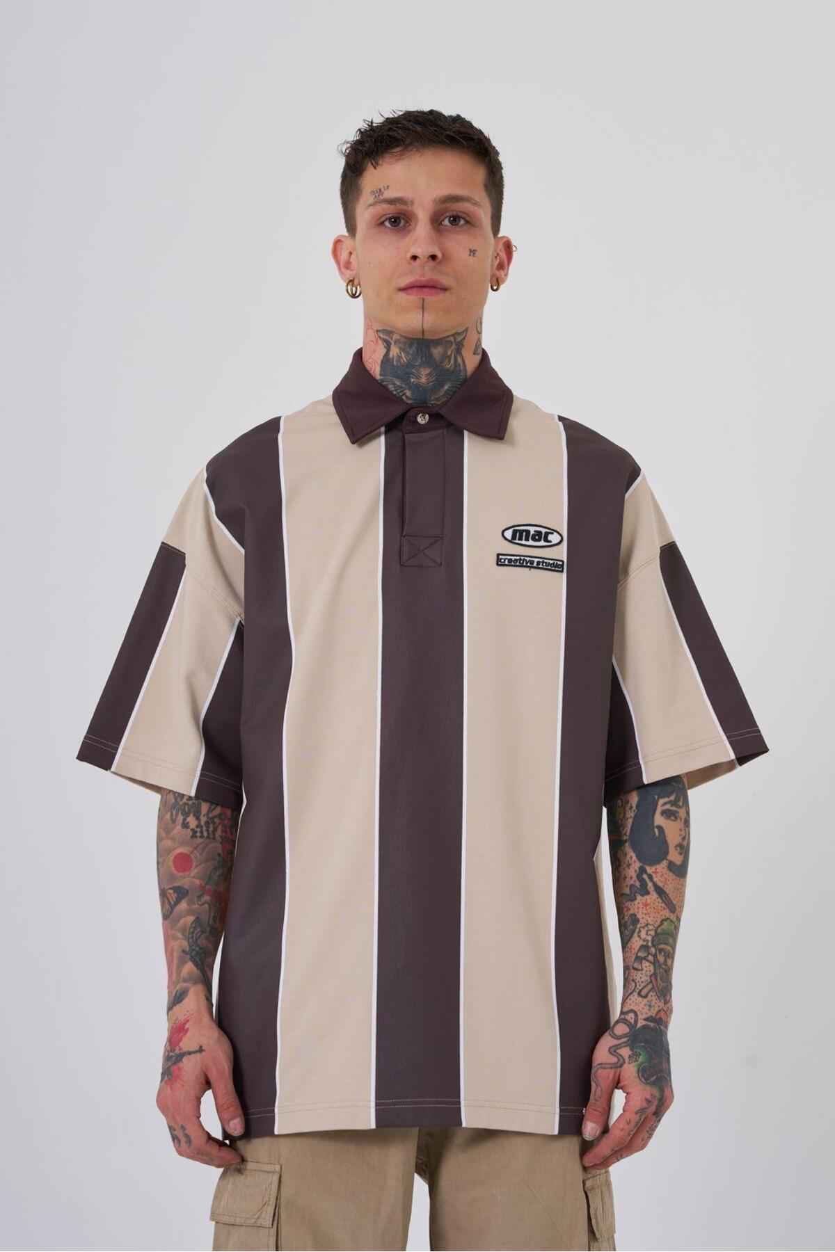 تیشرت مردانه پولو یقه بژ راه راه ضخیم