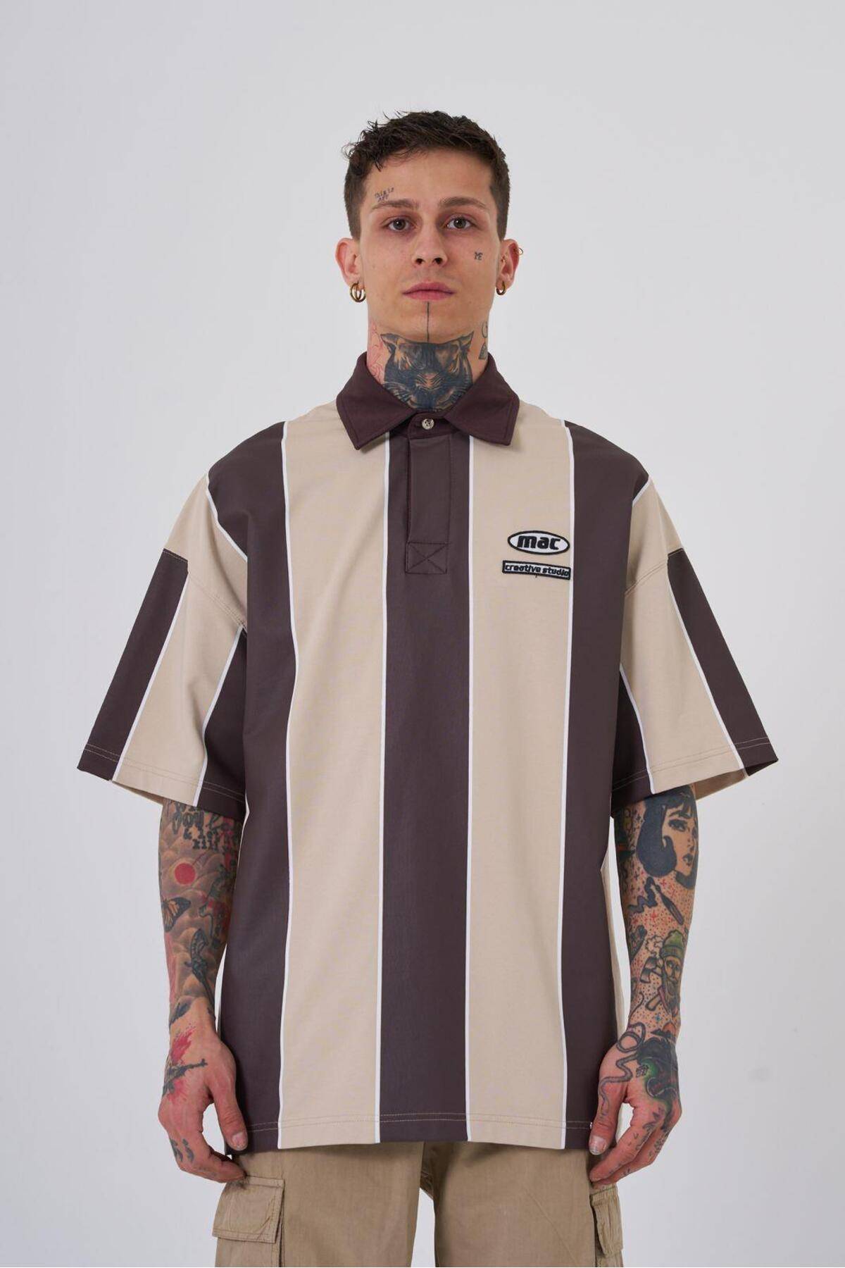 تیشرت مردانه پولو یقه بژ راه راه ضخیم