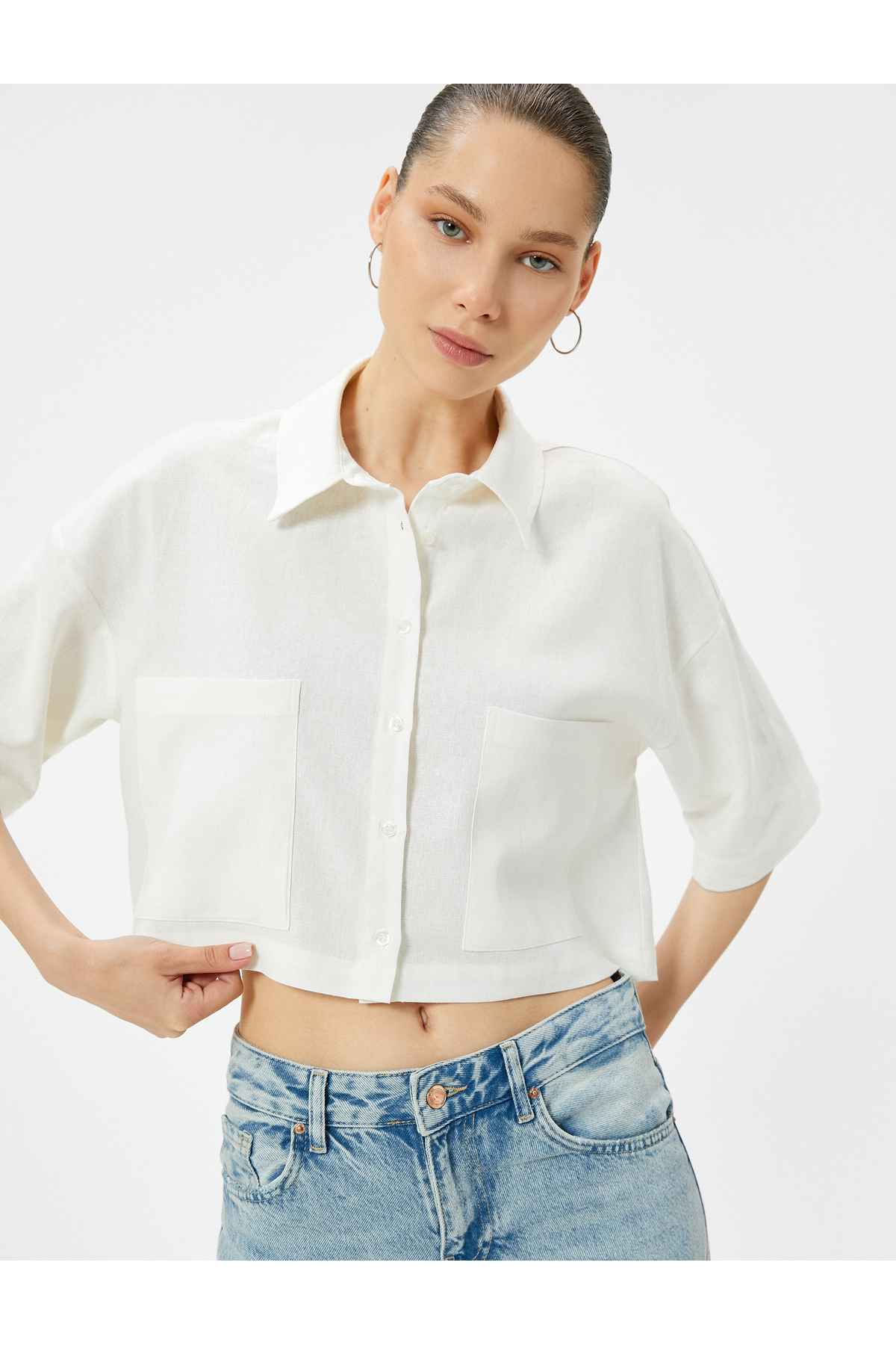 پیراهن کتانی کراپ آستین کوتاه آرنجی با جیب مناسب مناسب