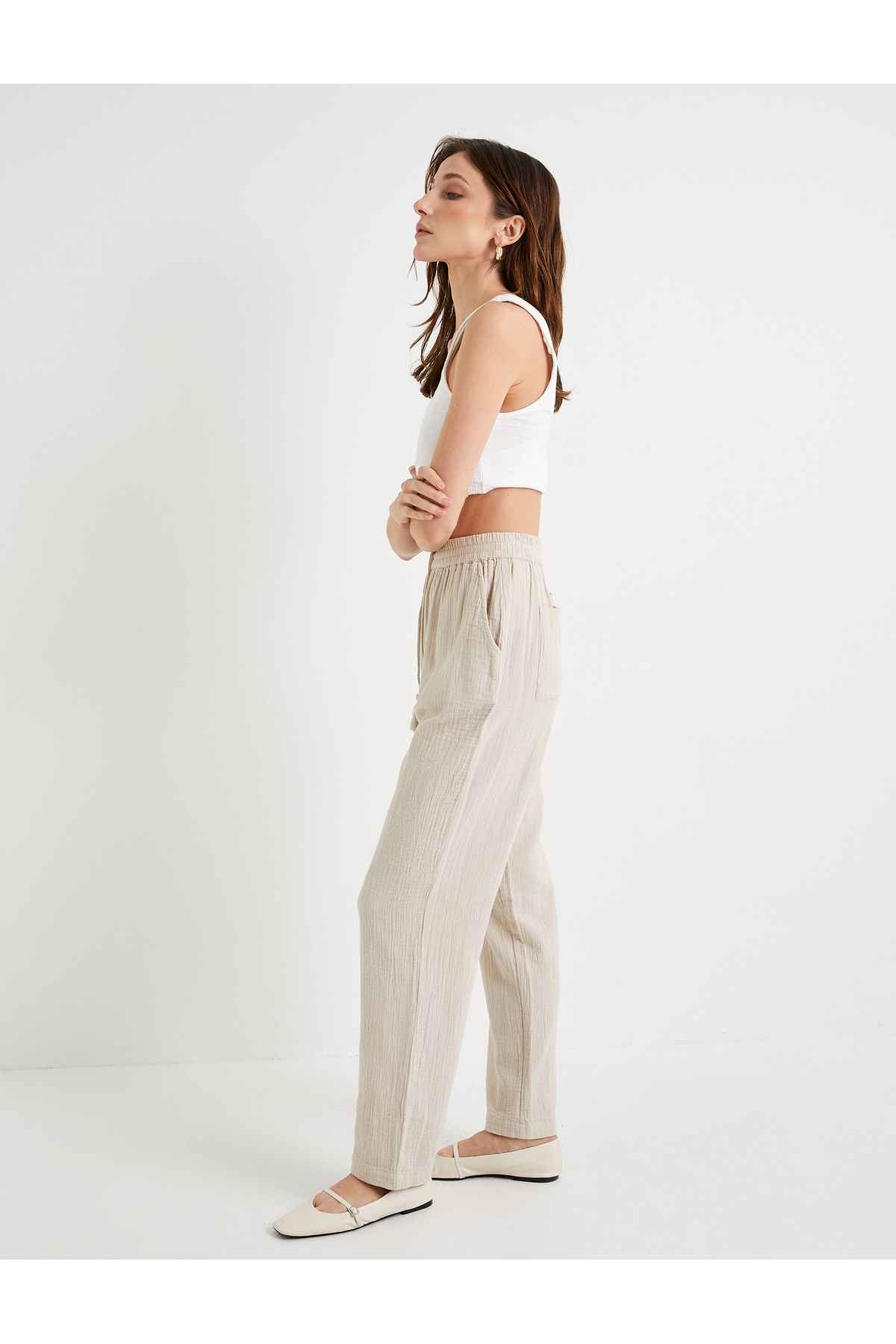 شلوار کمر بسته جیب پنبه ای کمر معمولی