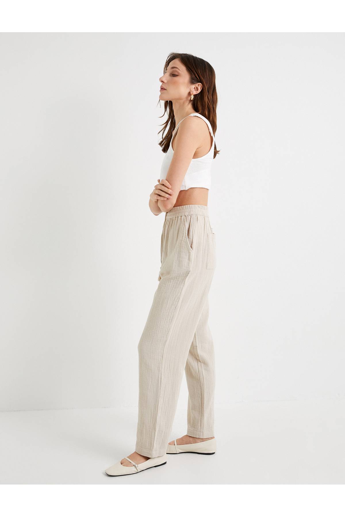 شلوار کمر بسته جیب پنبه ای کمر معمولی