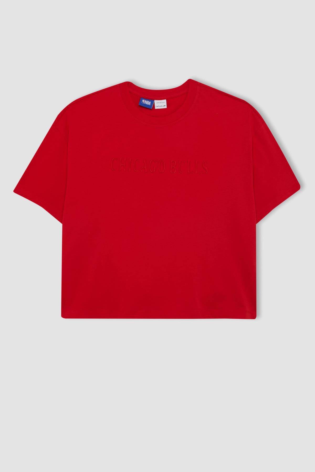 تیشرت آستین کوتاه با چاپ یقه دوزی DeFactoFit NBA Chicago Bulls Oversize Fit Crew