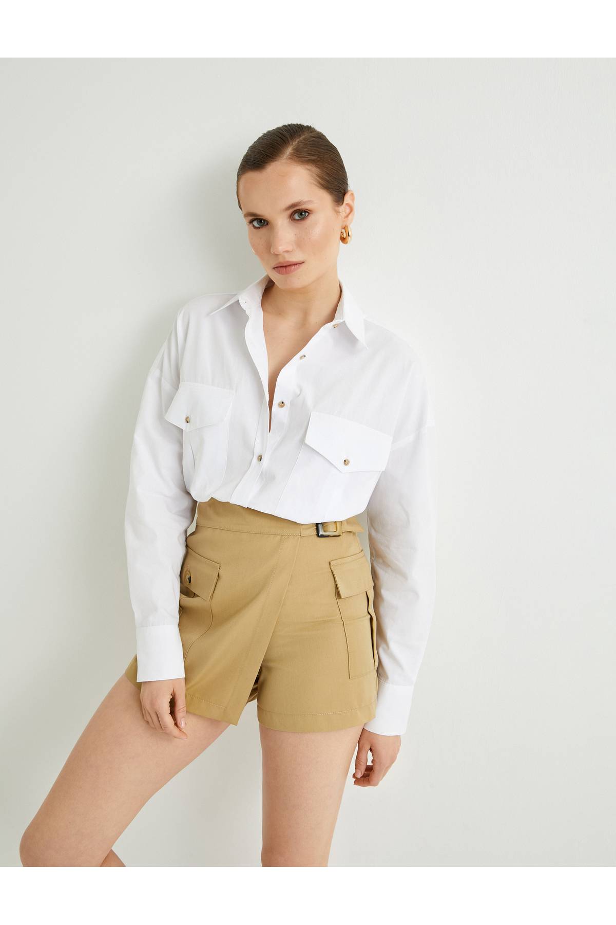 پیراهن آستین بلند با جیب دکمه دار پنبه ای