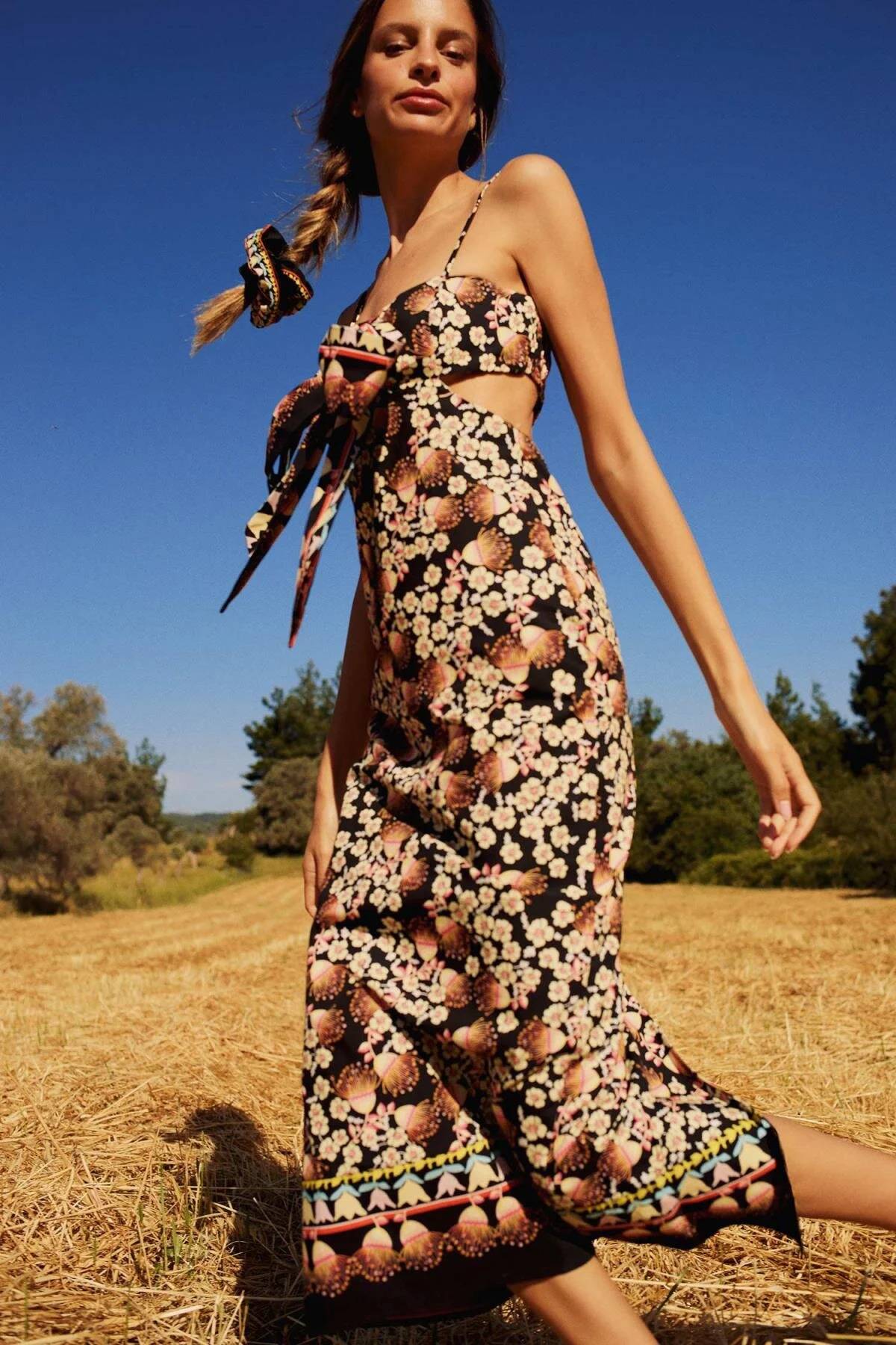 لباس میدی پوپلین بند دار طرح دار Lug Von Siga x DeFacto Bodycon