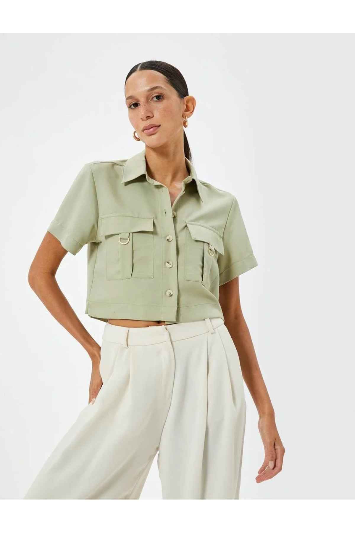 پیراهن مودال فابریک کراپ با جیب باری و جزئیات لوازم جانبی فلزی