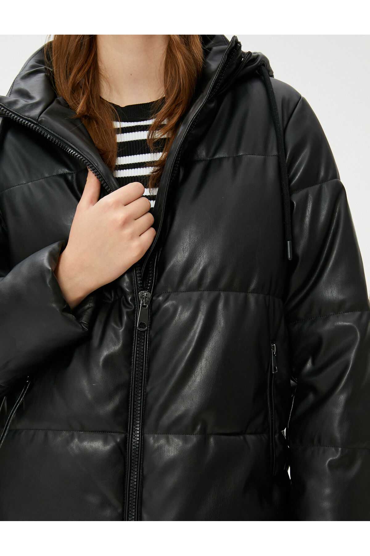 ژاکت پفی قد میدی جیبی کلاهدار