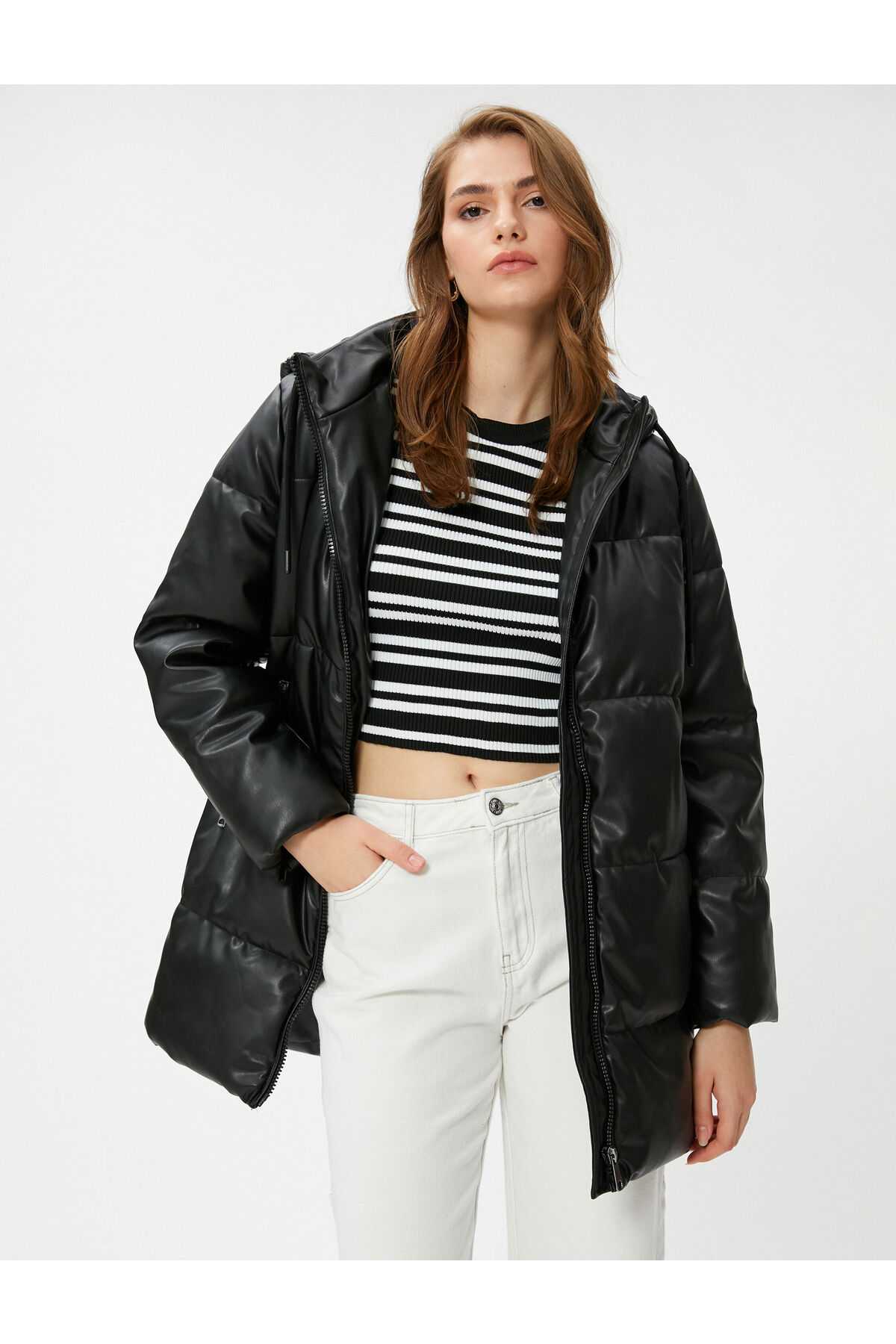 ژاکت پفی قد میدی جیبی کلاهدار