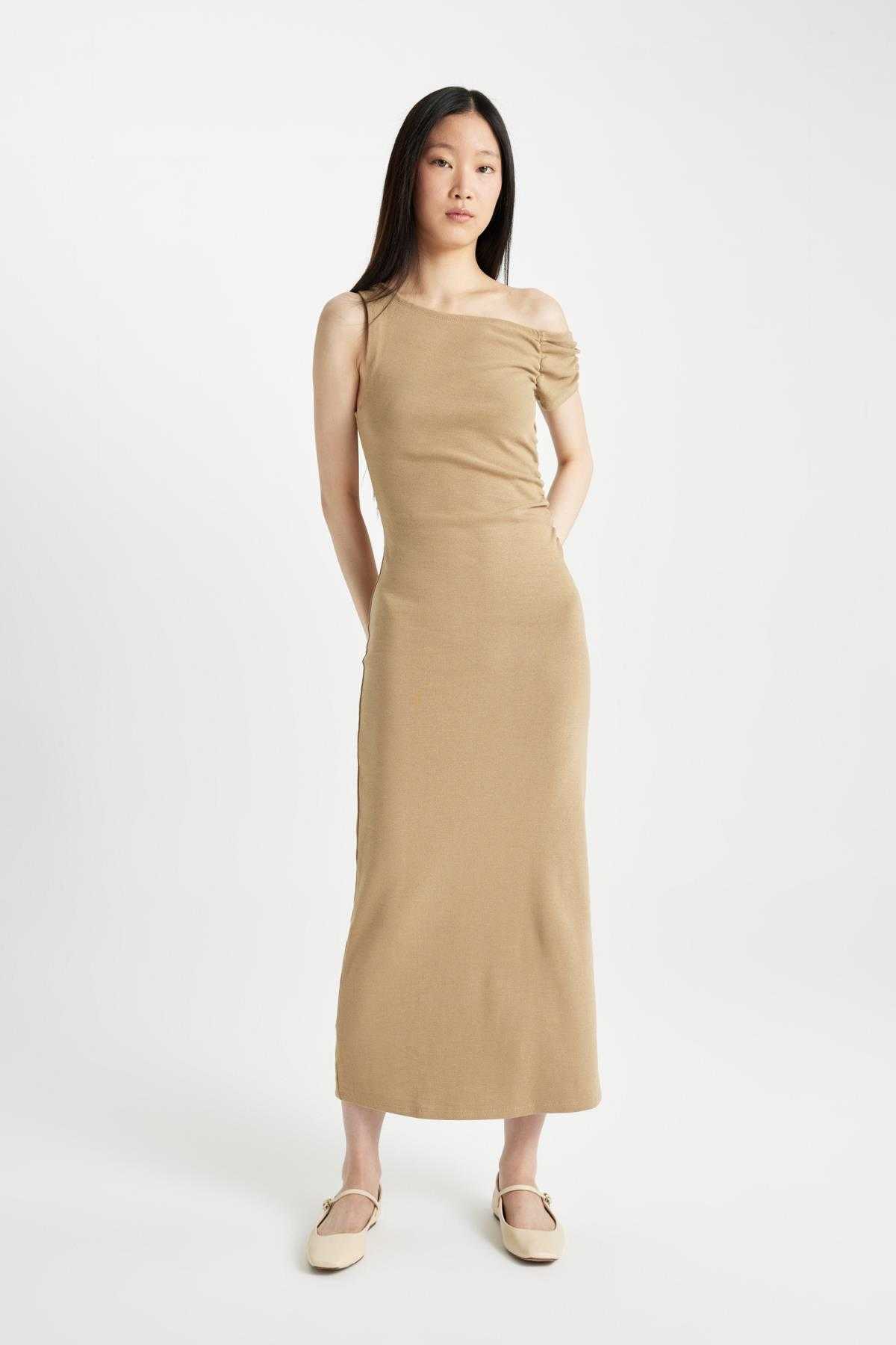 لباس میدی آستین کوتاه آجدار بادیکن یک شانه