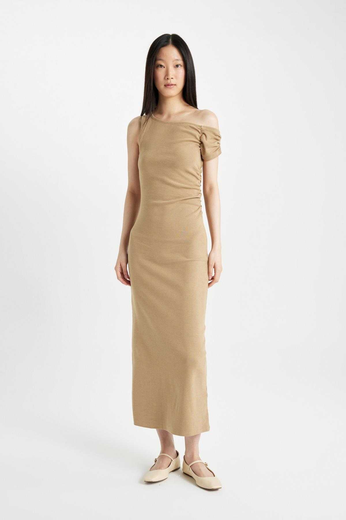 لباس میدی آستین کوتاه آجدار بادیکن یک شانه