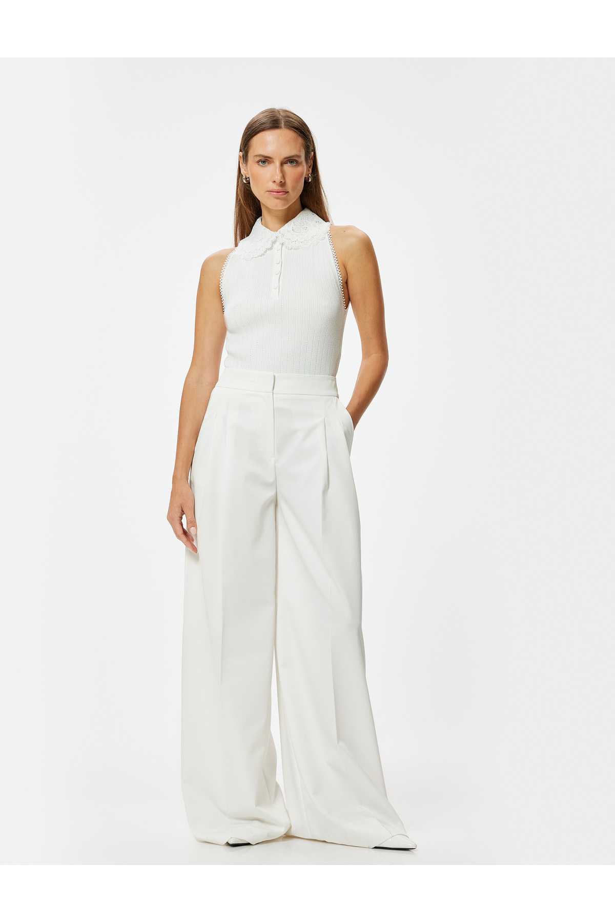 لباس بافتنی بدون آستین یقه پیراهن توری