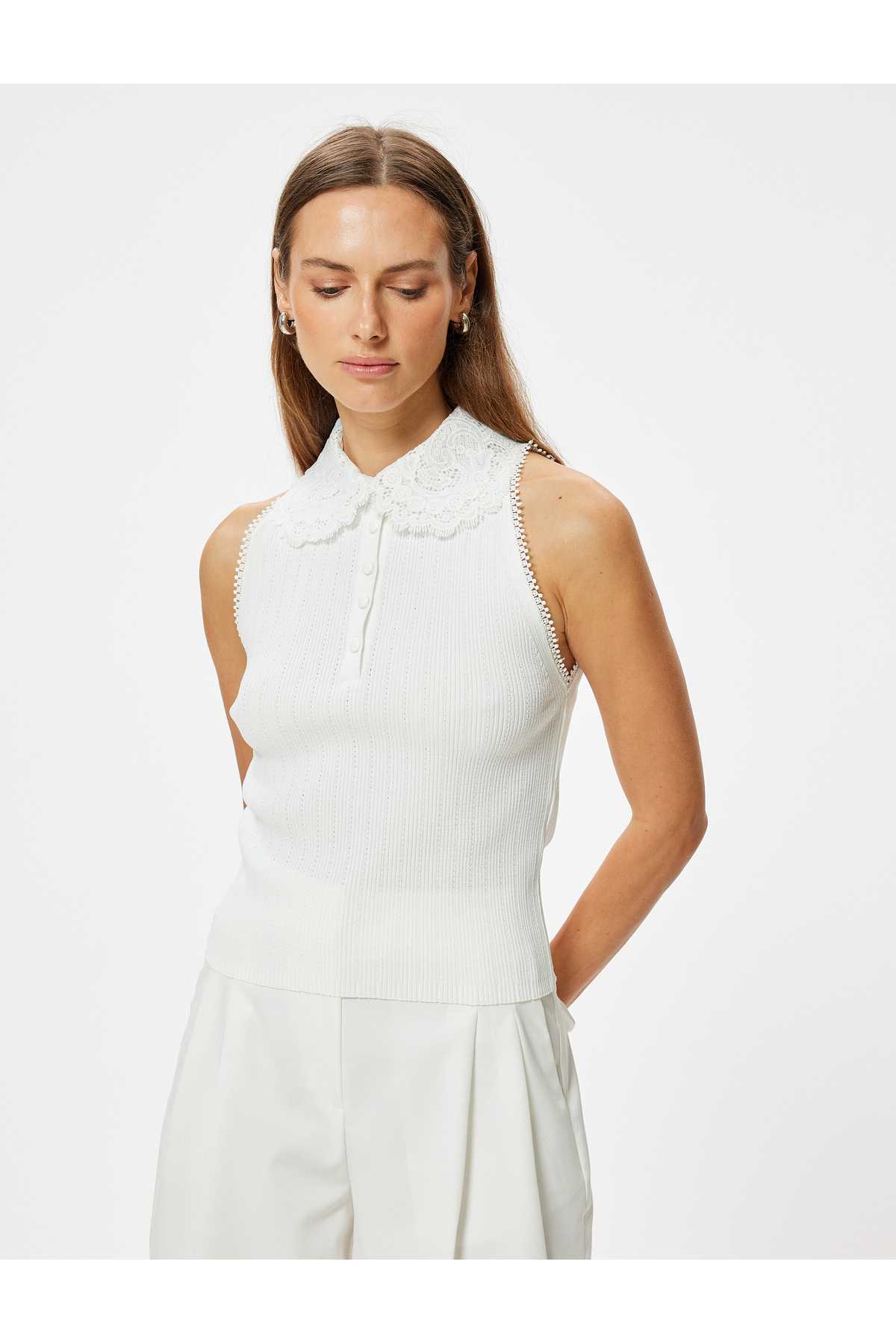 لباس بافتنی بدون آستین یقه پیراهن توری