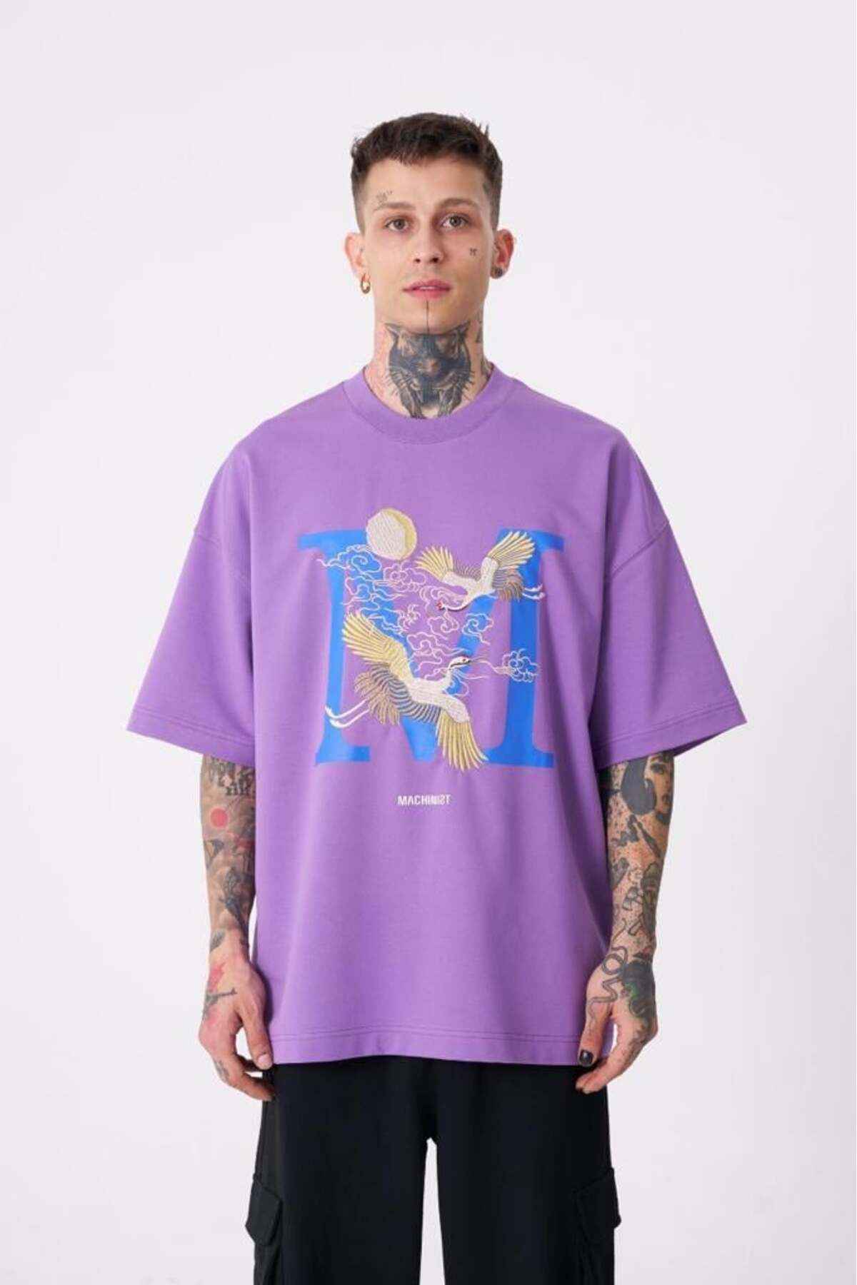 تیشرت مردانه بنفش با چاپ جرثقیل پرنده