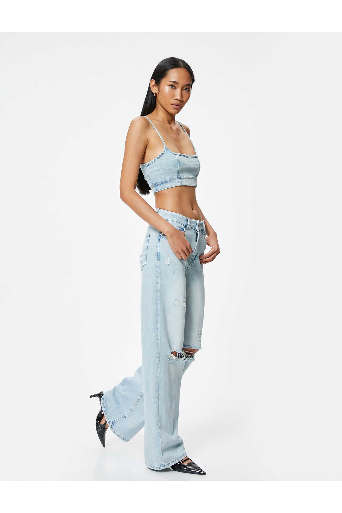 شلوار جین گشاد پاره شده با دکمه های کمری استاندارد - Bianca Wide Leg Jean