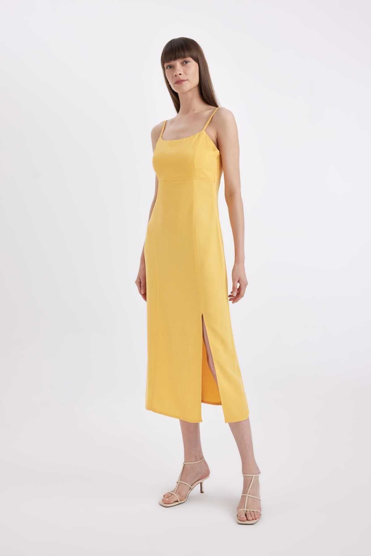 لباس میدی بند بند کتانی یقه مربعی