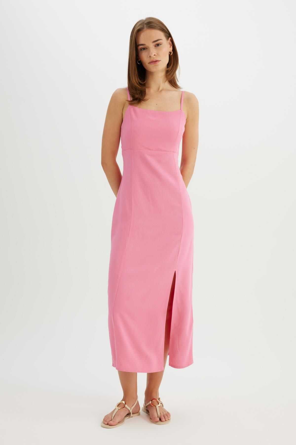 لباس میدی بند بند کتانی یقه مربعی