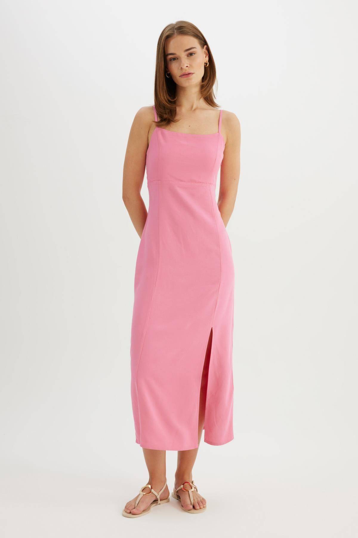 لباس میدی بند بند کتانی یقه مربعی