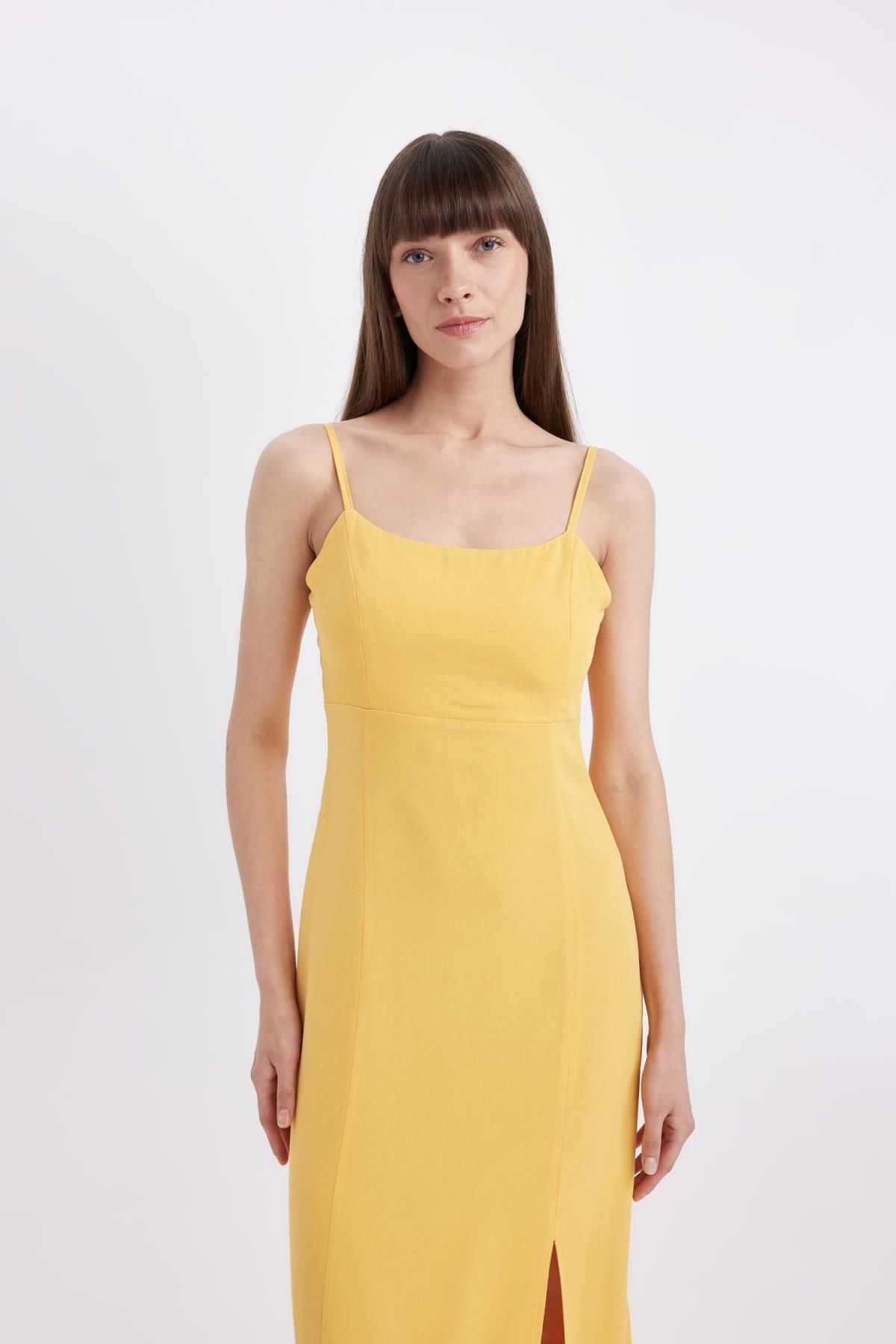 لباس میدی بند بند کتانی یقه مربعی