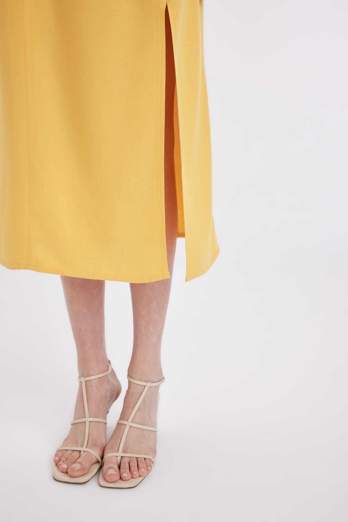 لباس میدی بند بند کتانی یقه مربعی