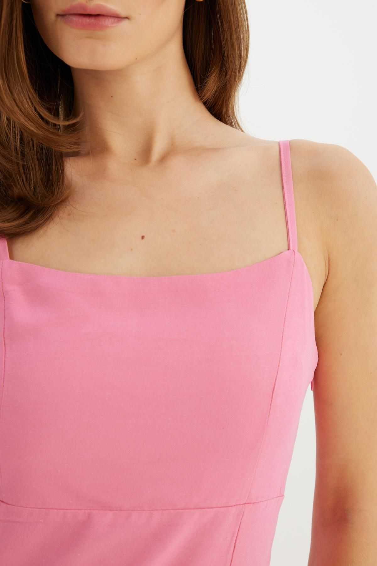 لباس میدی بند بند کتانی یقه مربعی