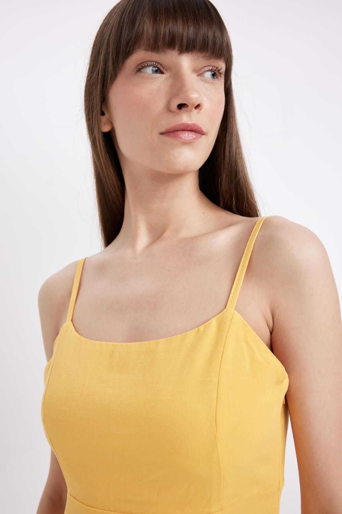 لباس میدی بند بند کتانی یقه مربعی