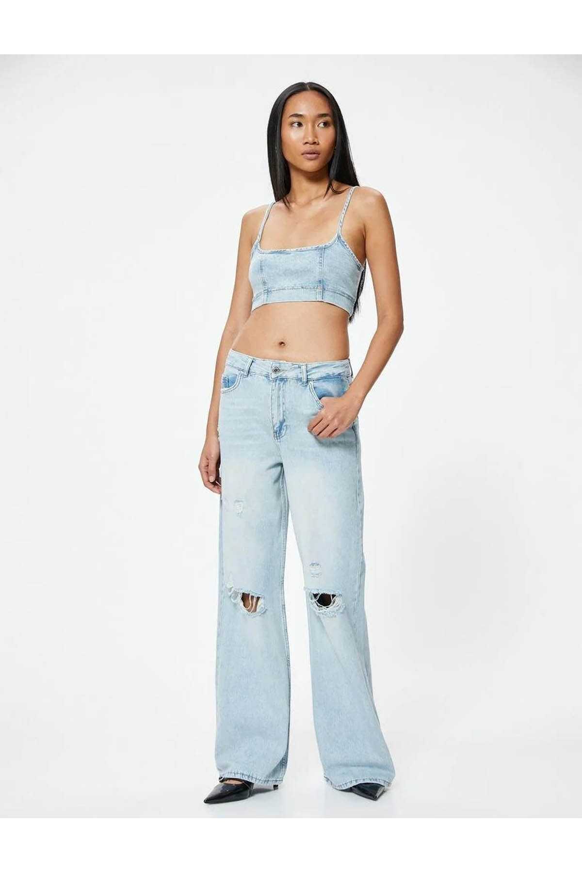 شلوار جین گشاد پاره شده با دکمه های کمری استاندارد - Bianca Wide Leg Jean