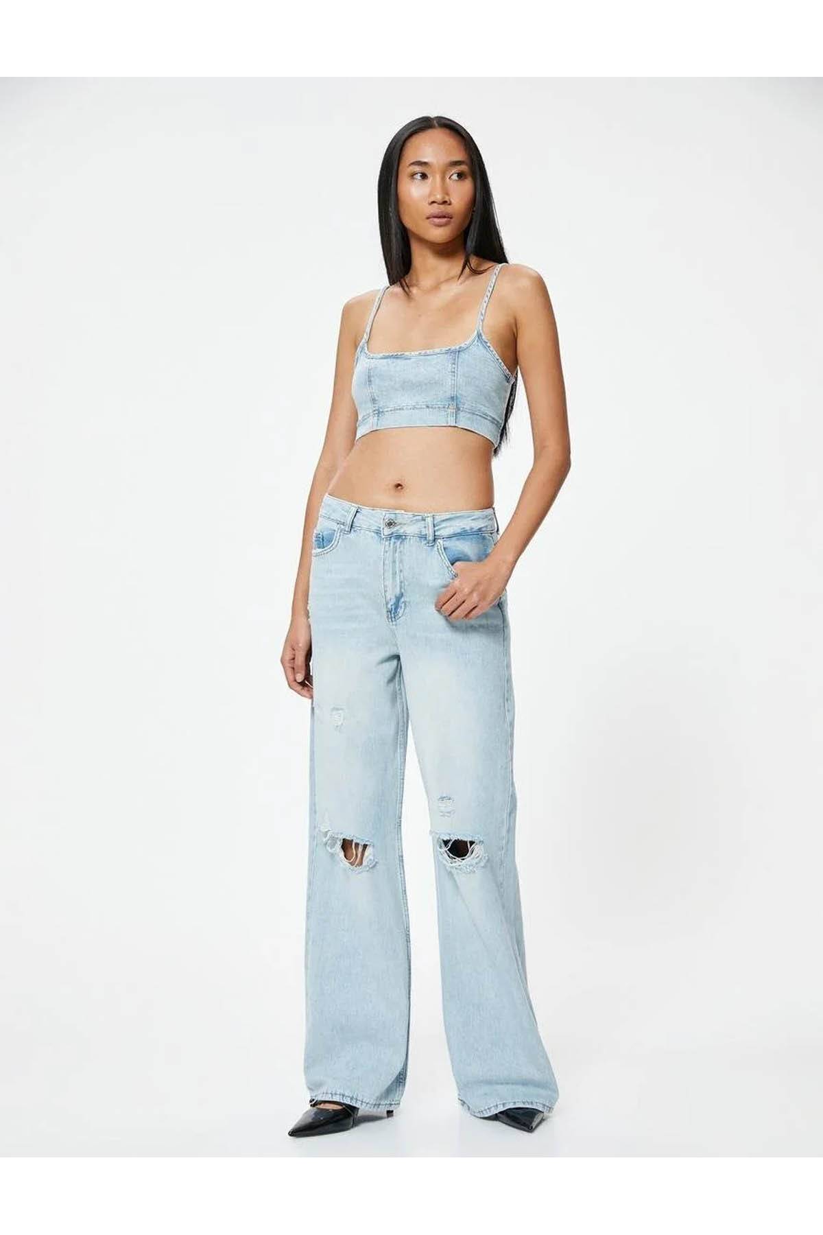 شلوار جین گشاد پاره شده با دکمه های کمری استاندارد - Bianca Wide Leg Jean