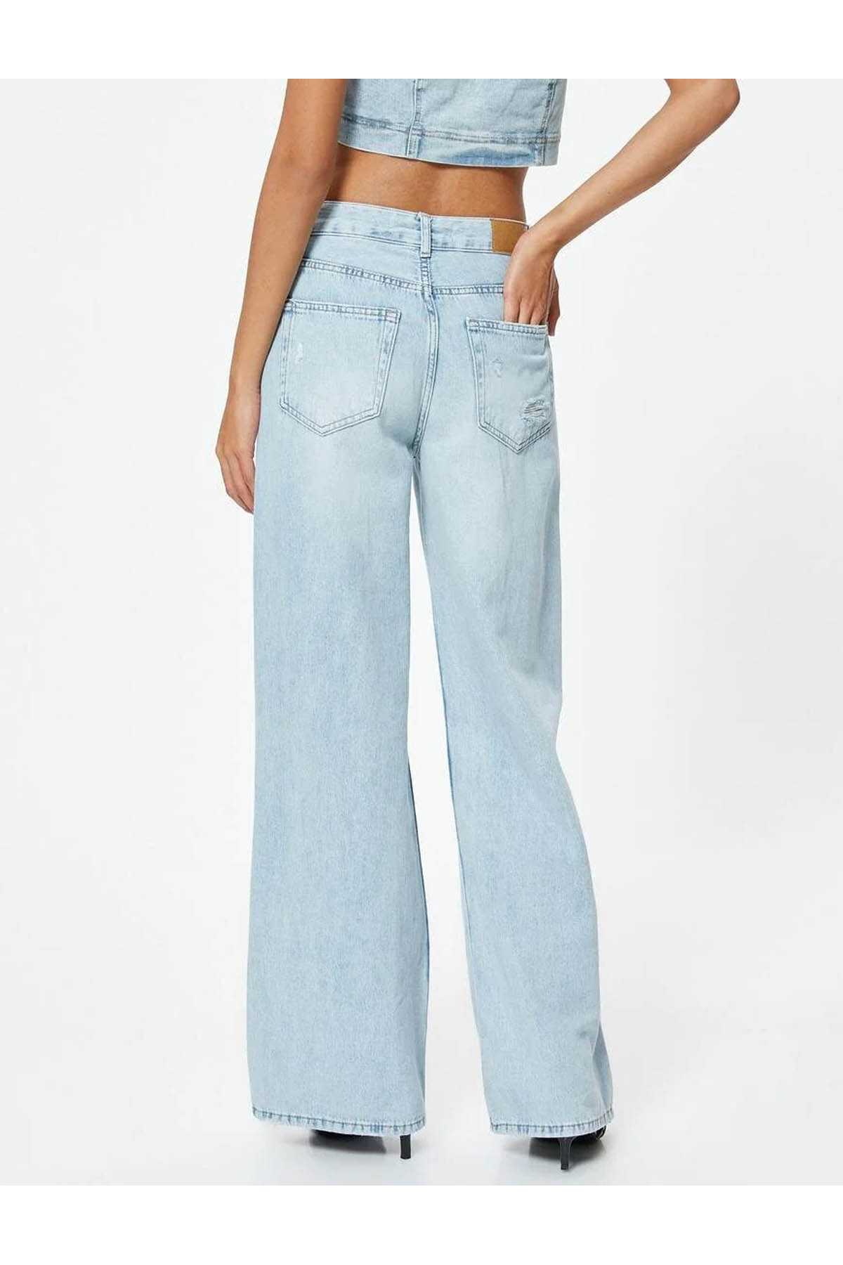 شلوار جین گشاد پاره شده با دکمه های کمری استاندارد - Bianca Wide Leg Jean