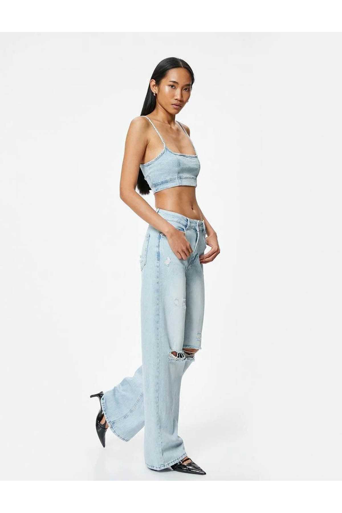 شلوار جین گشاد پاره شده با دکمه های کمری استاندارد - Bianca Wide Leg Jean