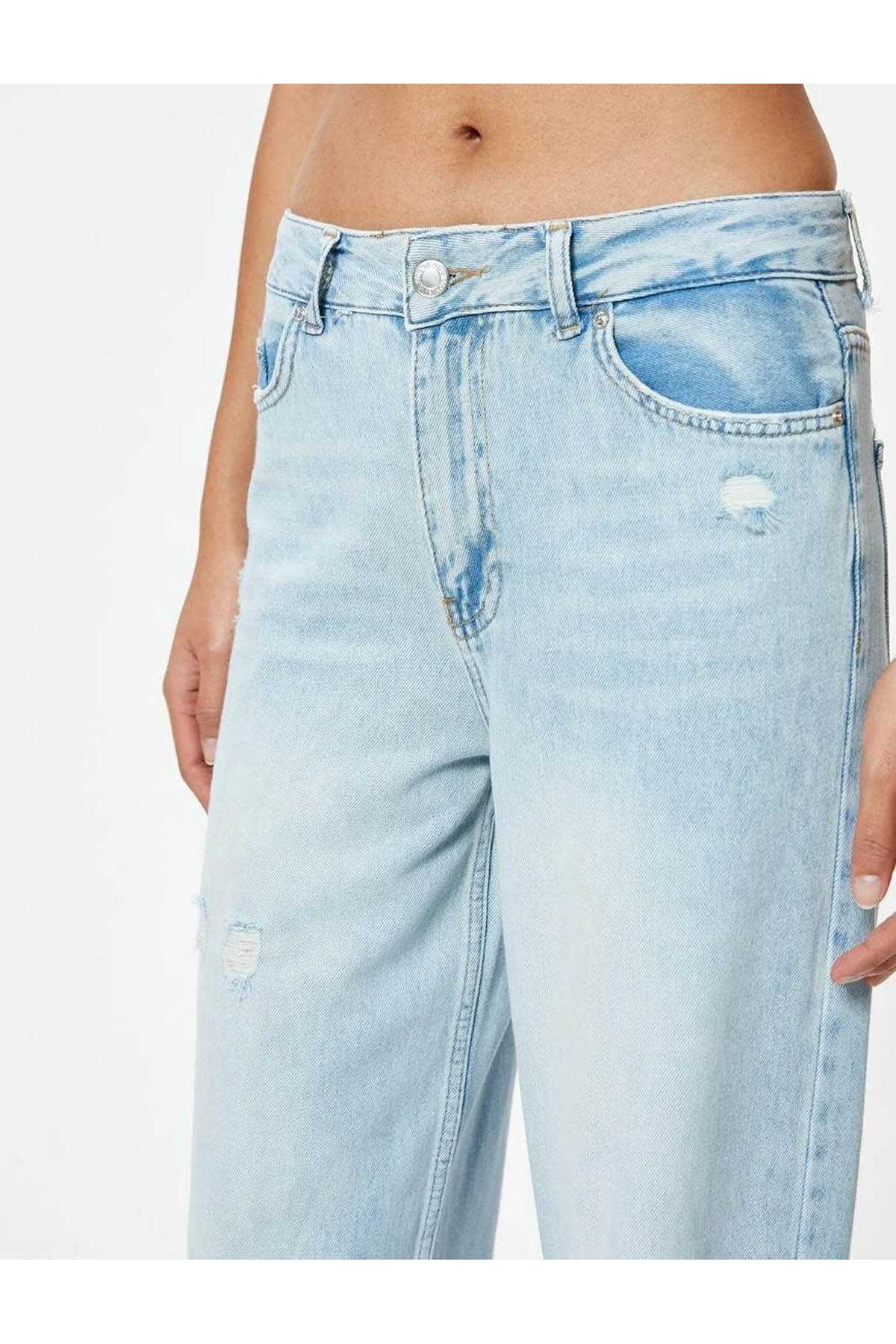 شلوار جین گشاد پاره شده با دکمه های کمری استاندارد - Bianca Wide Leg Jean