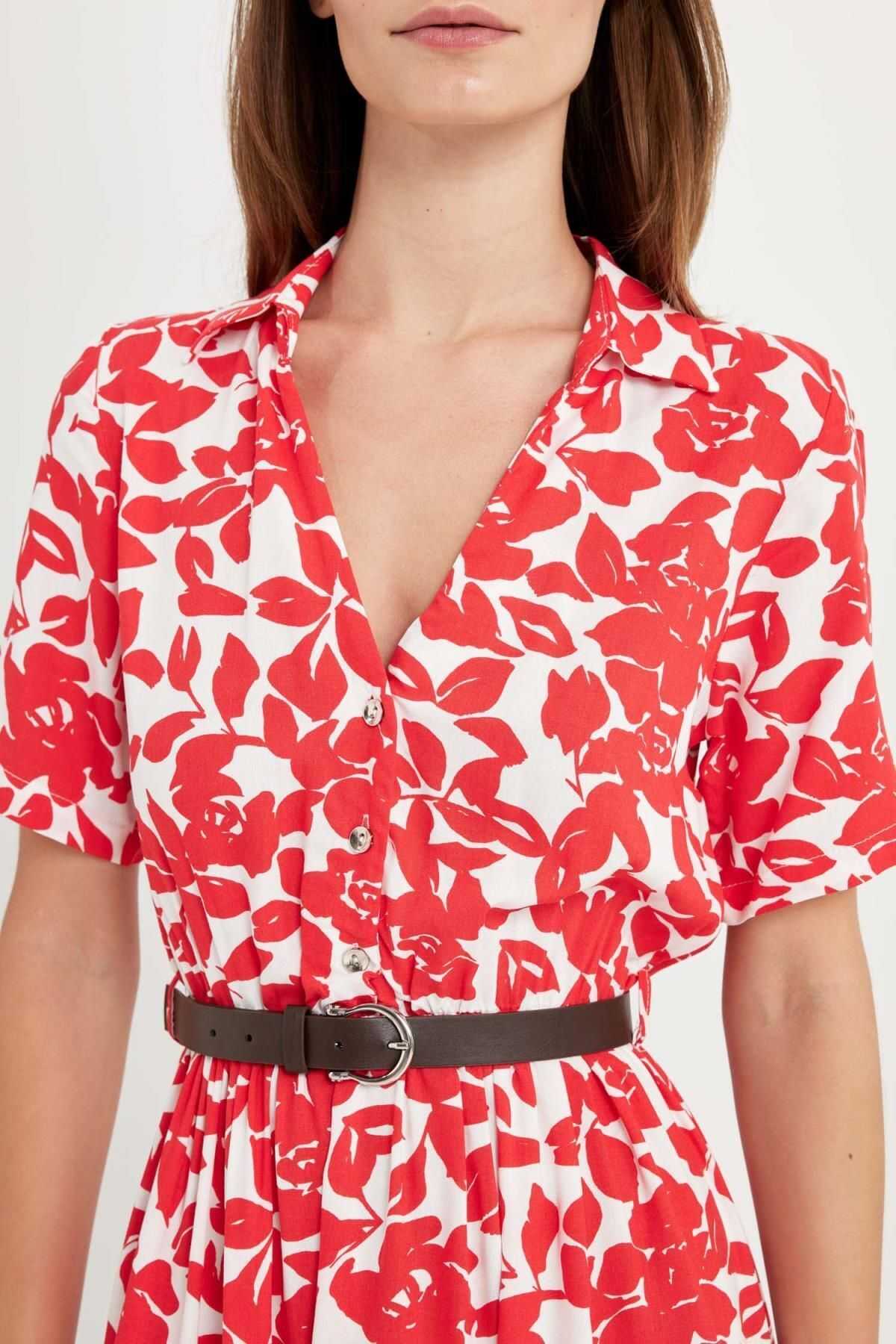 لباس میدی آستین کوتاه طرح دار یقه پیراهن