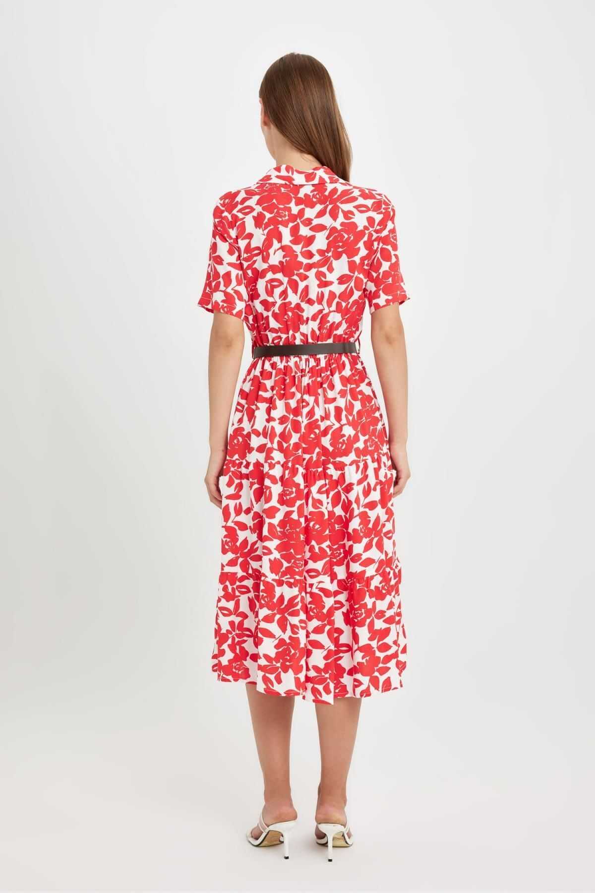 لباس میدی آستین کوتاه طرح دار یقه پیراهن