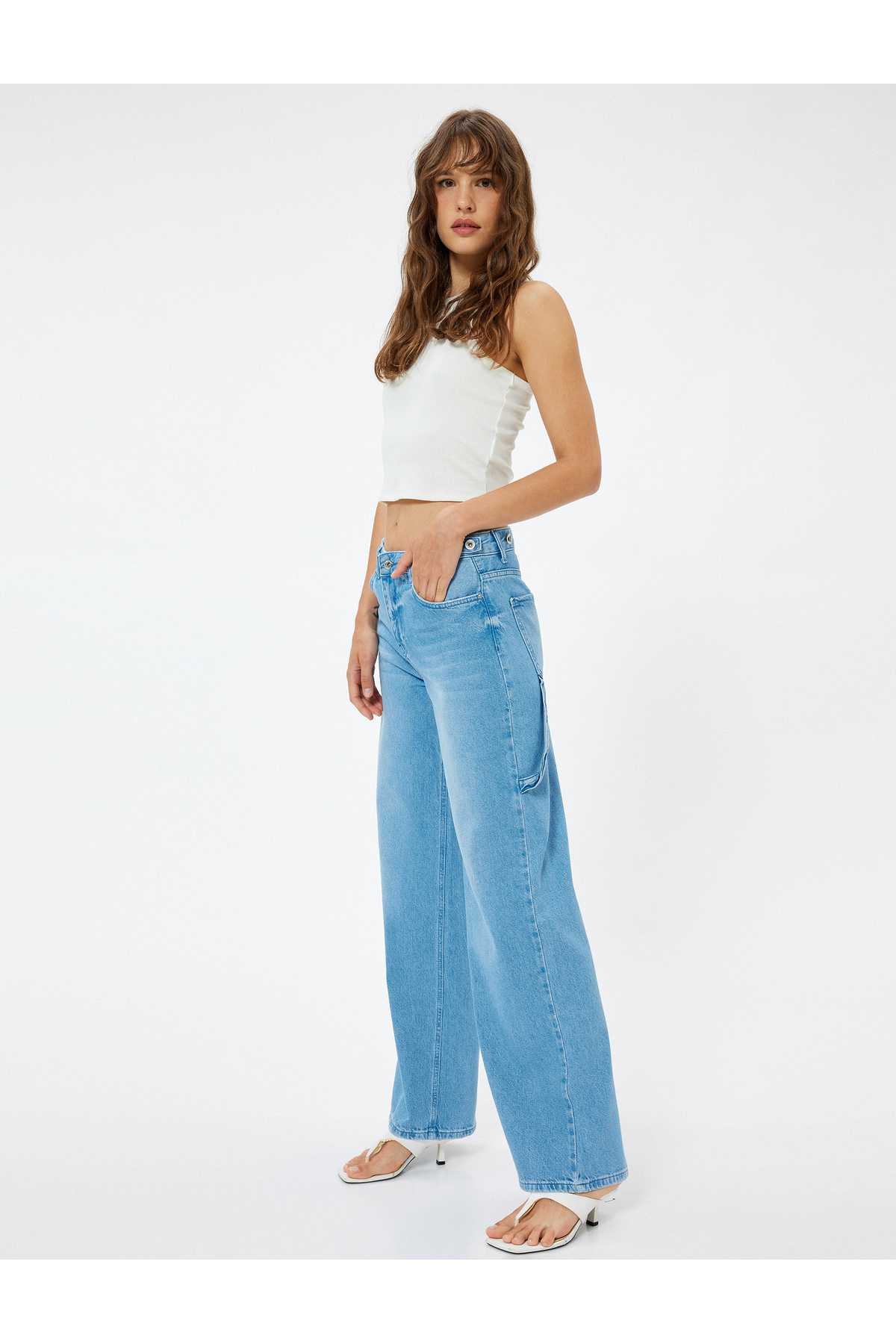 شلوار جین کمر کم با جزئیات جیب - شلوار جین گشاد