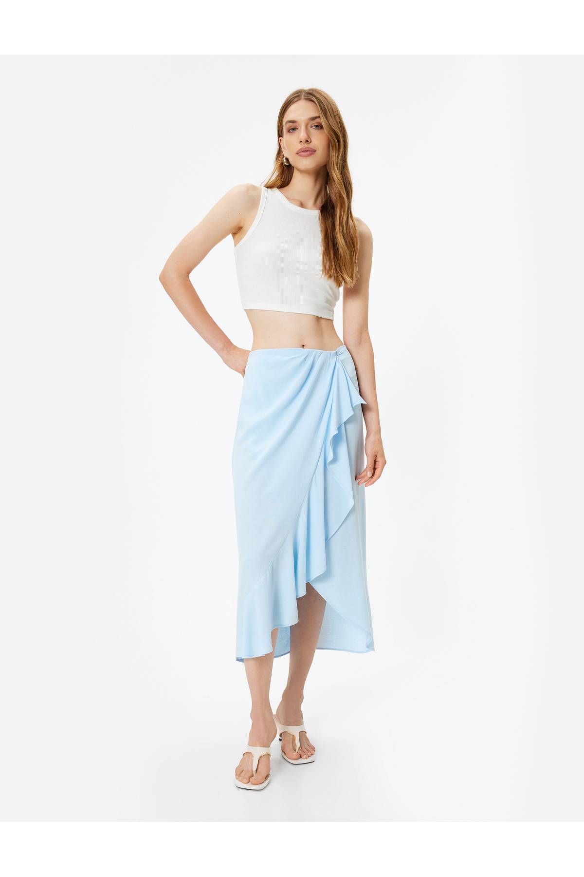 ترکیب کتانی نامتقارن دو سینه بلند دامن رفل