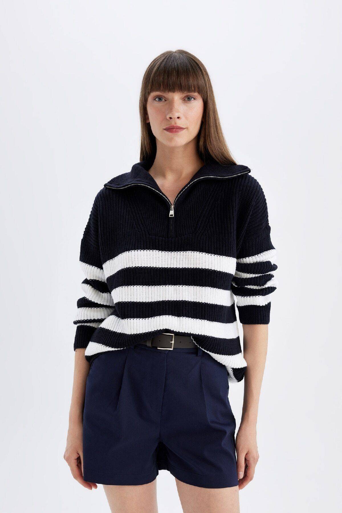 پلیور پارچه ای سلانیک نیمه زیپ راه راه ریلکس فیت