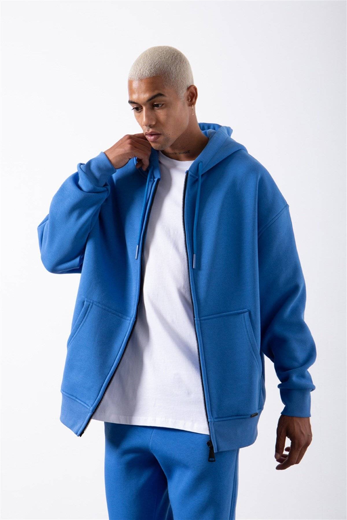 سویشرت ساده زیپ دار جیب دار یاسی یخی