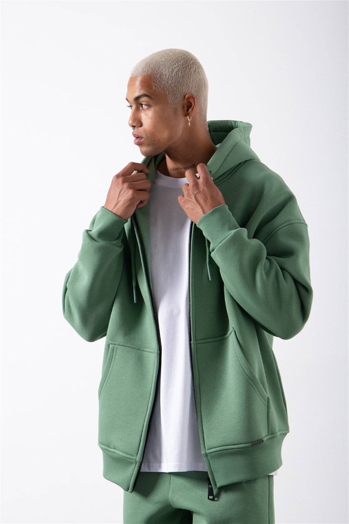 سویشرت ساده زیپ دار جیب دار یاسی یخی