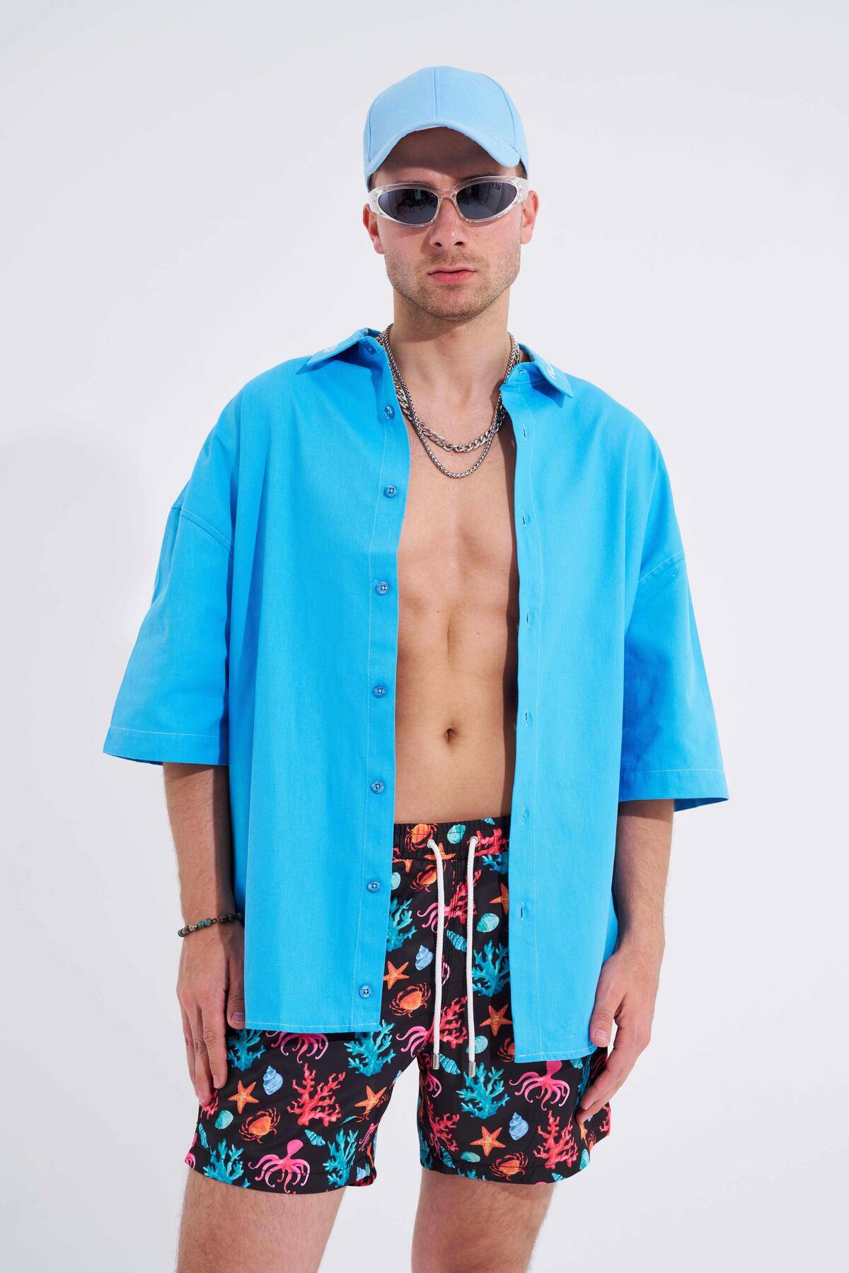 Octobus مردانه با شلوار شنا مشکی مشکی چاپ شده با صدف دریایی