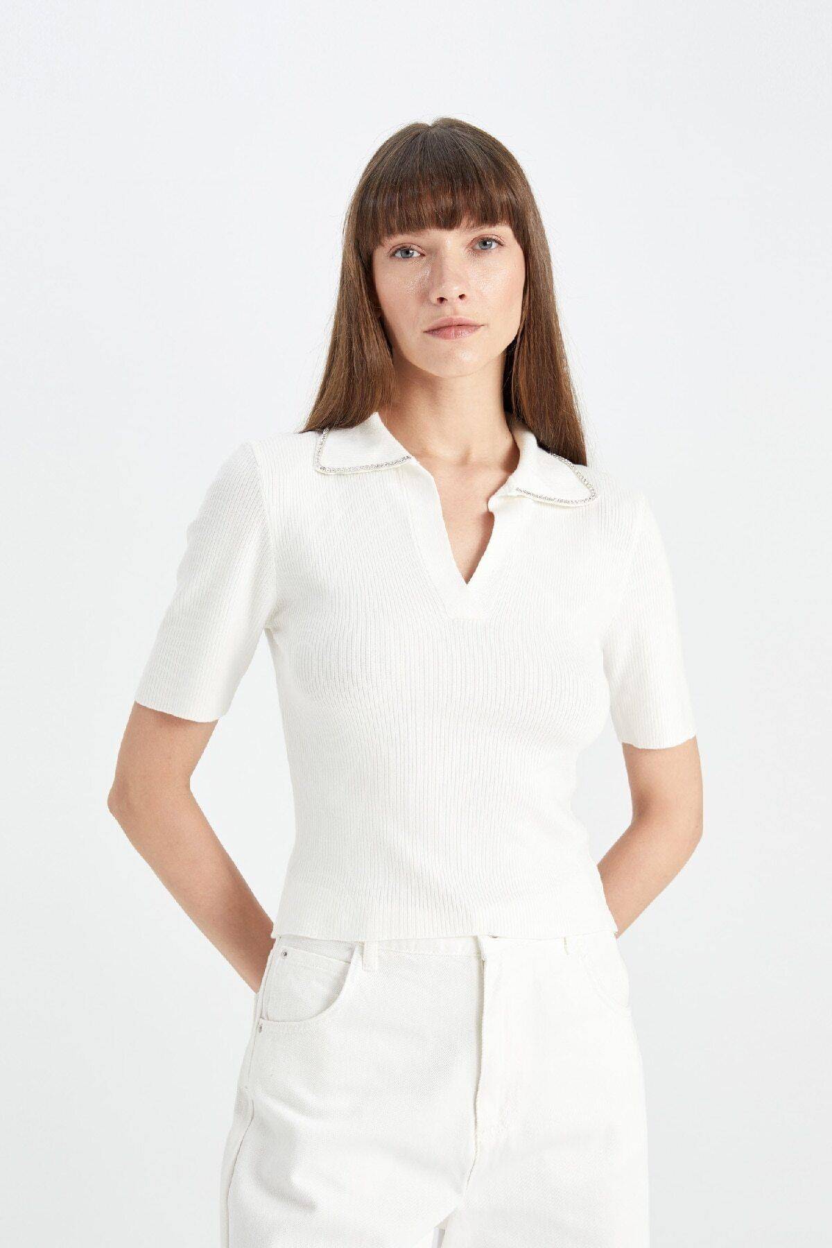 پلیور آستین کوتاه دنده دوزی شده با یقه پولو D4618ax24au