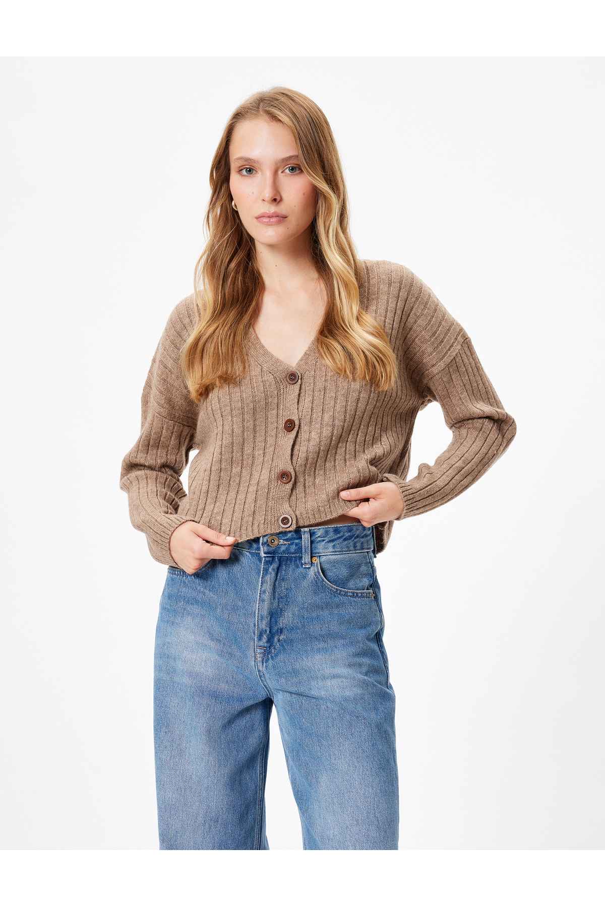 بافتنی راه راه ژاکت کش باف پشمی با یقه V دکمه دار بافت نرم