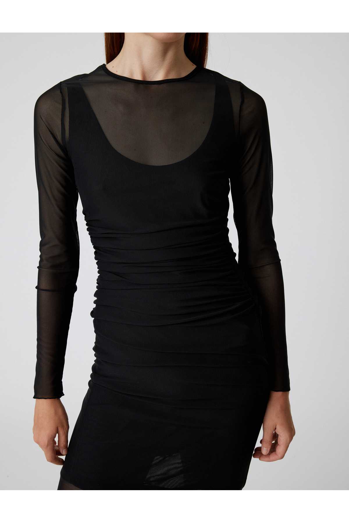 لباس توری مدادی آستین بلند یقه گرد