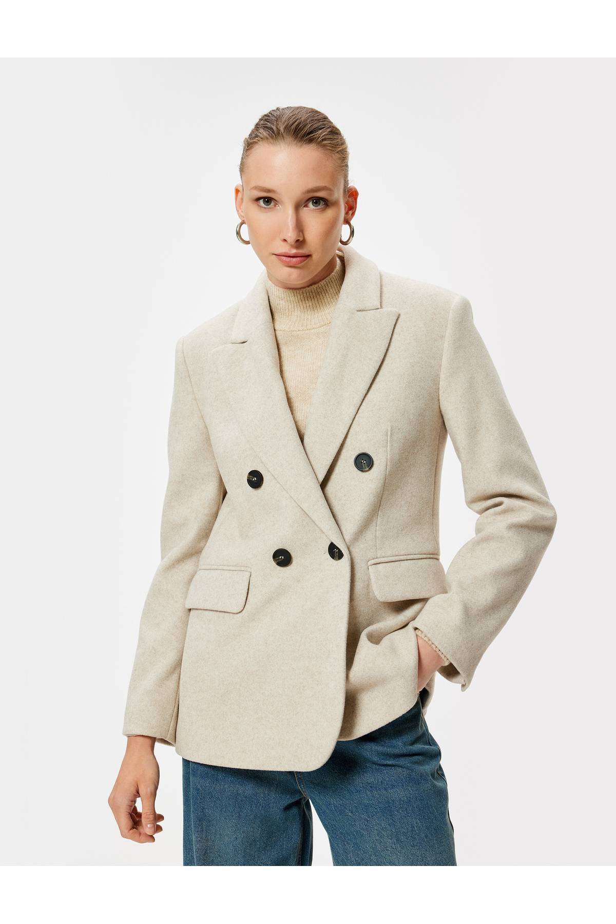 استامپ دو سینه ژاکت یقه معکوس جیب آستین بلند مفصل