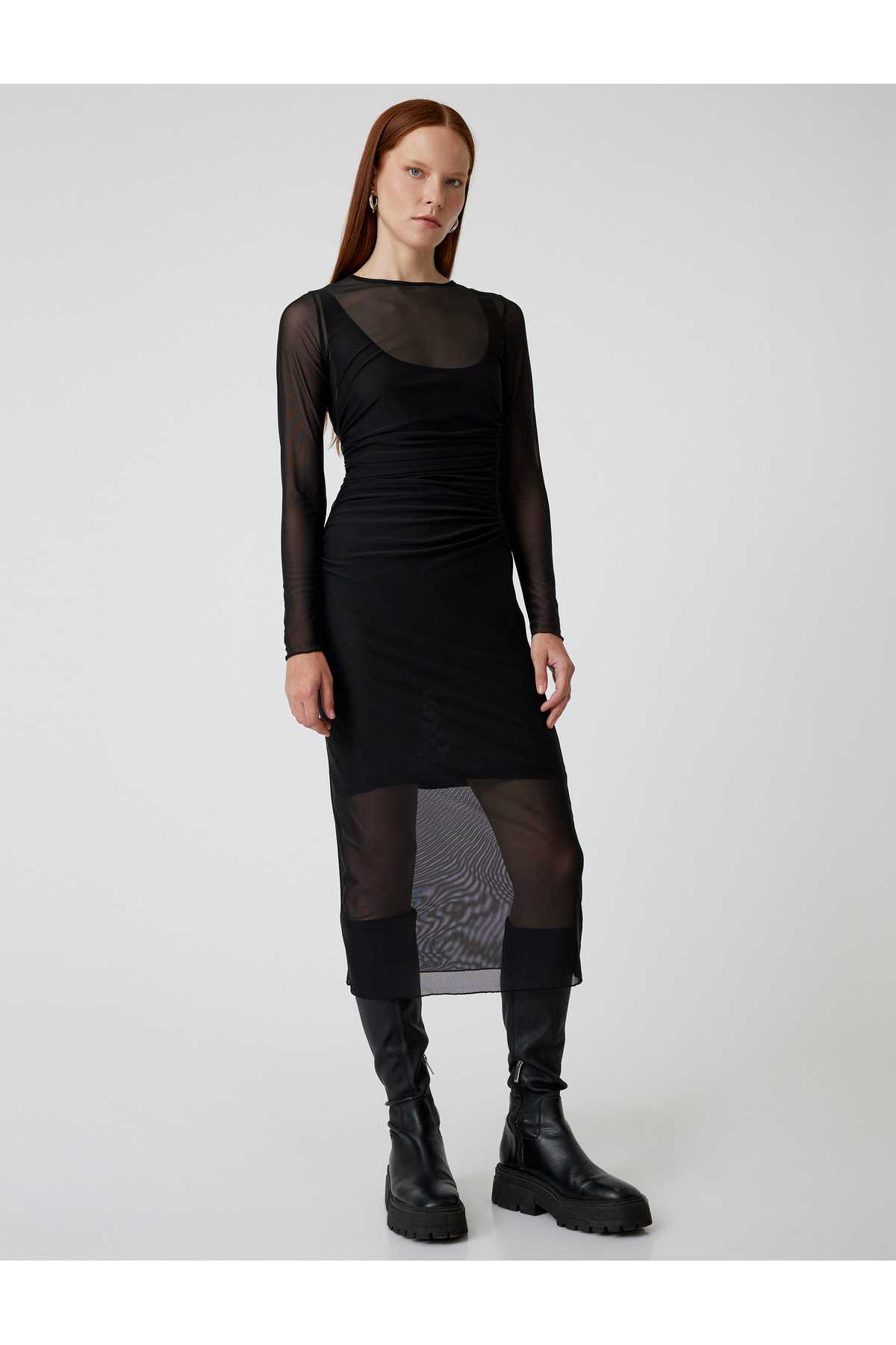 لباس توری مدادی آستین بلند یقه گرد